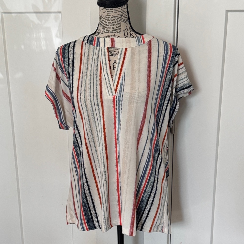 V-Neck Short Sleeve Striped Blouse - Red, Blue & Cream